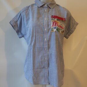 NWT Womens Romi Basha Blue, White Striped "Miami" Button Down Shirt S*